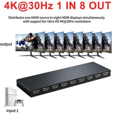 4K@30Hz 1x8 HDMI Splitter 1 In 8 Out HDMI Video Distributor Converter Multi Screen Display for PS4 For Xbox Camera PC To TV Monitor