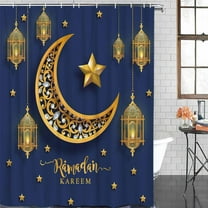 Shower Curtain Waterproof Shower Curtain for Bathroom,Bathtub,Shower, Ramadan Mubarak Eid Mubarak Gold Star Moon Blue Shower Curtain Set with Hooks for Home Decoration 72x72 Inch