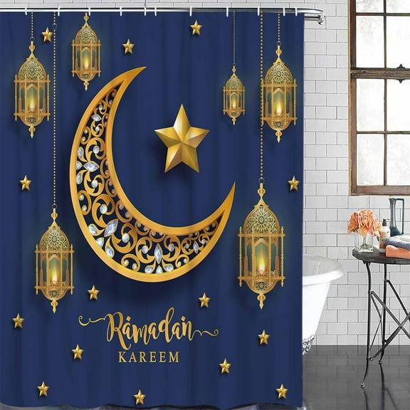 Shower Curtain Waterproof Shower Curtain for Bathroom,Bathtub,Shower, Ramadan Mubarak Eid Mubarak Gold Star Moon Blue Shower Curtain Set with Hooks for Home Decoration 72x72 Inch