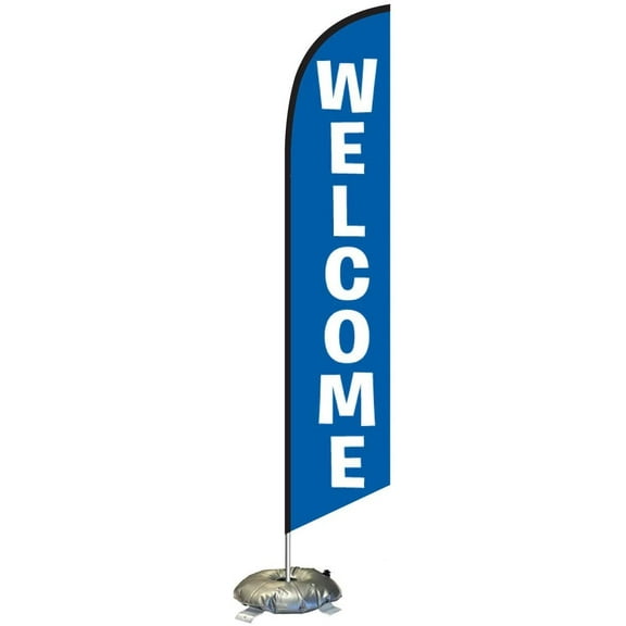 Blue Welcome Feather Flag Kit with Cross-Base and Weight-Donut, Outdoor Advertising Banner Swooper Flag