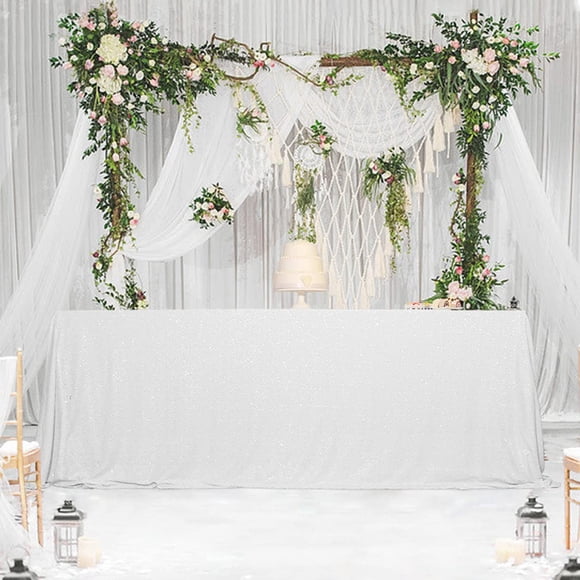 SquarePie Sequin Tablecloth 90 x 132 Inch White Sparkly Table Cloth for Wedding Party