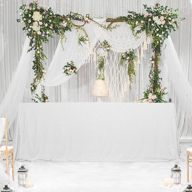 SquarePie Sequin Tablecloth 90 x 132 Inch White Sparkly Table Cloth for Wedding Party