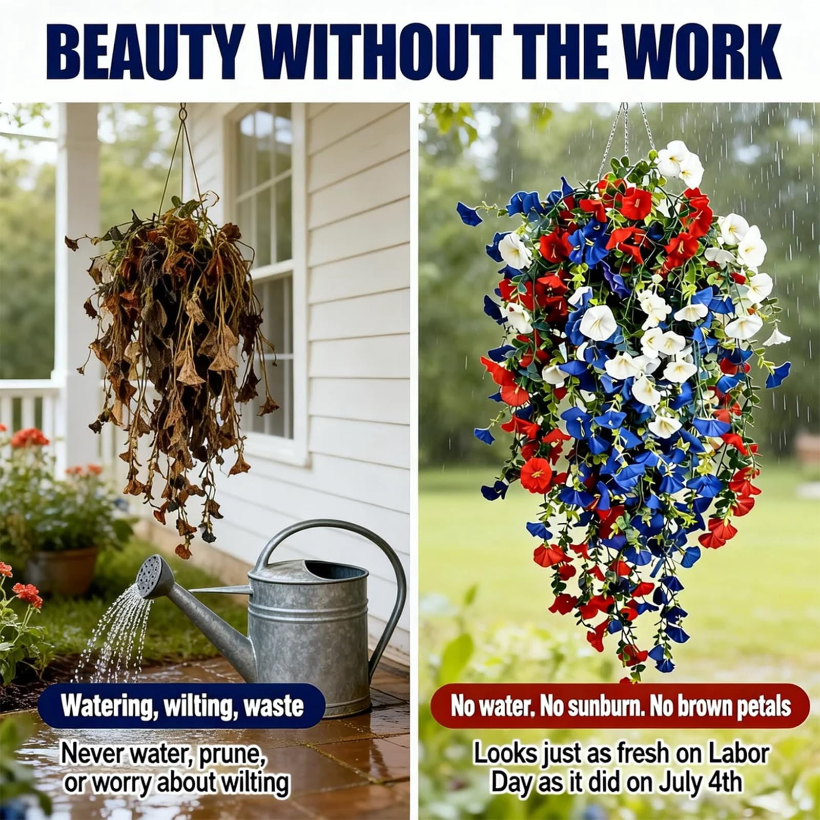 Patriotic Hanging Flower Baskets, 4th of July Decoration Tricolor Patriotic Artificial Flower, Large Hanging Baskets with Artificial Flowers Red White Blue, for Porch, Yard, Table