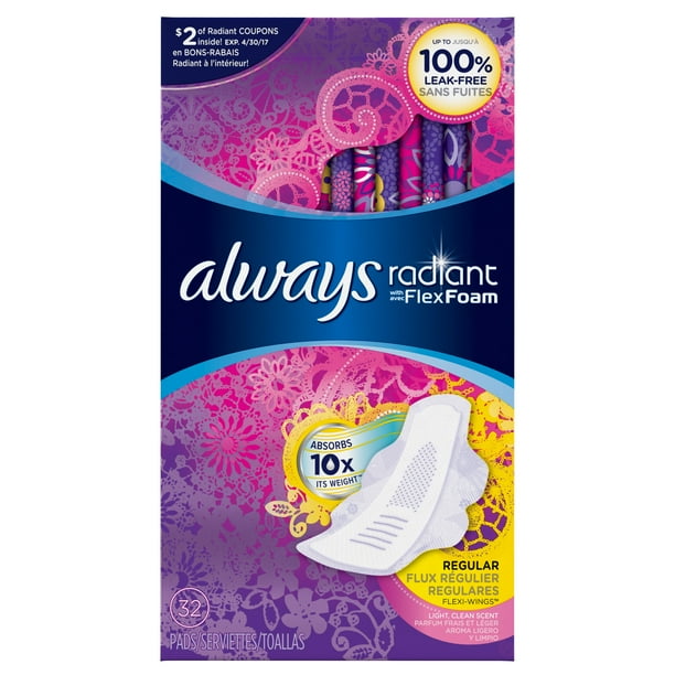 Always Radiant Pads with Wings, Regular, Scented, 32 Count Walmart
