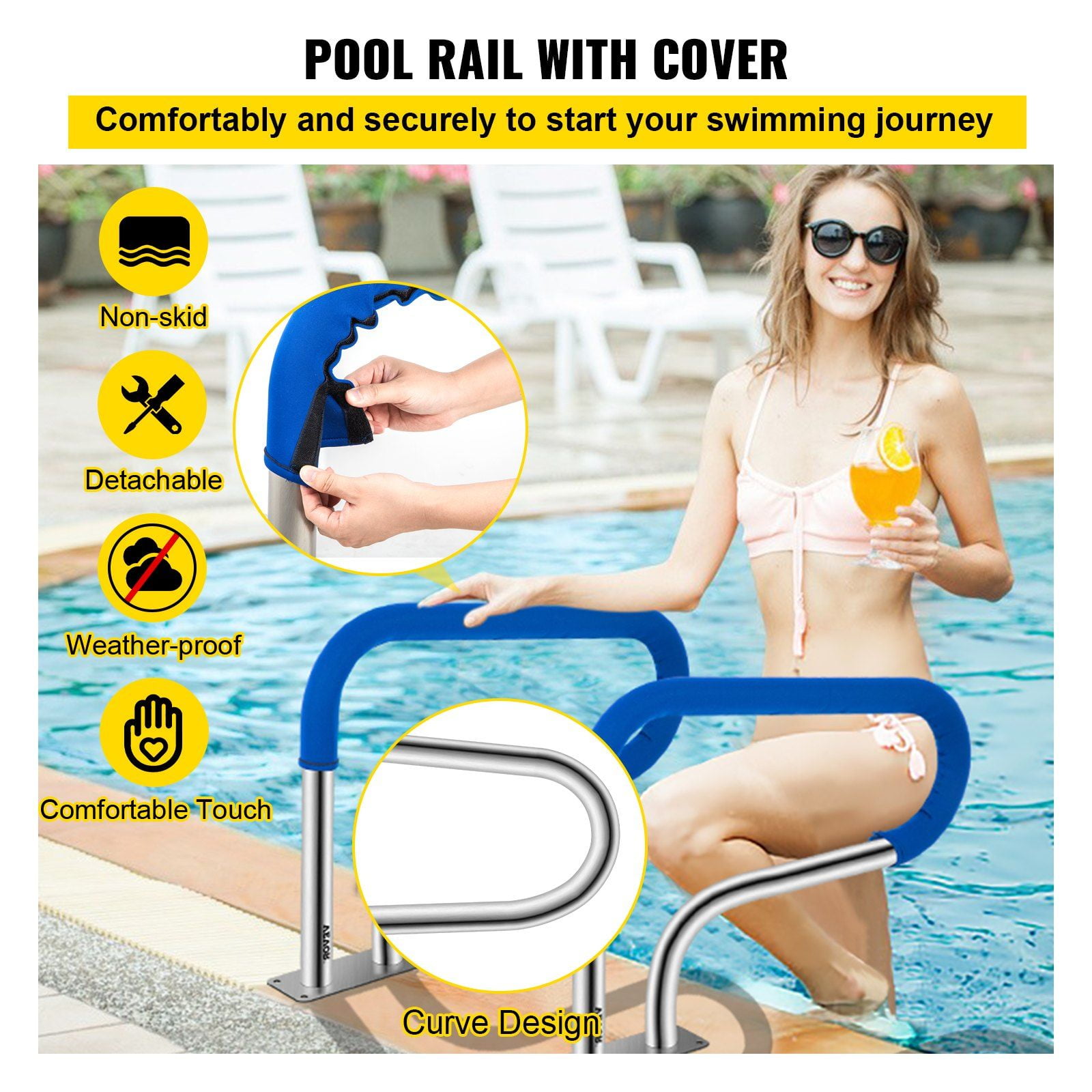 Pool Handrail, 32 x 22.5 Swimming Pool Stair Rail, 304 Stainless Steel Stair Pool Hand Rail Rated 375lbs Load Capacity, Pool Rail with Quick Mount Base Plate, and Complete Mounting Accessories