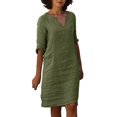 thumbnail image 1 of Mini vestido estampado con cuello en V y manga media para mujer - Algodón/lino, estilo informal/vacacional, primavera/otoño, lavado a mano/a máquina con programa delicado, tallas asiáticas reales, 1 of 8