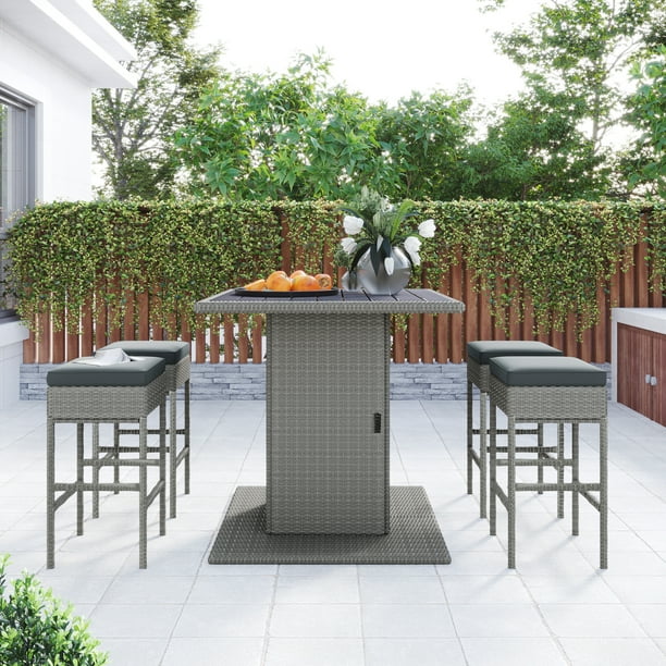 Seizeen 5 Pcs Outdoor Bar Set, Patio Wicker Furniture Set with Storage