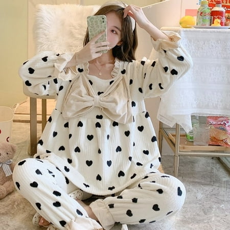 

PIKADINGNIS Womens Pajamas Set Winter Leisure Elastic Waist Warm Flannel Sleepwear Set Womens Long Sleeve Nightwear Bow Homewear Clothes