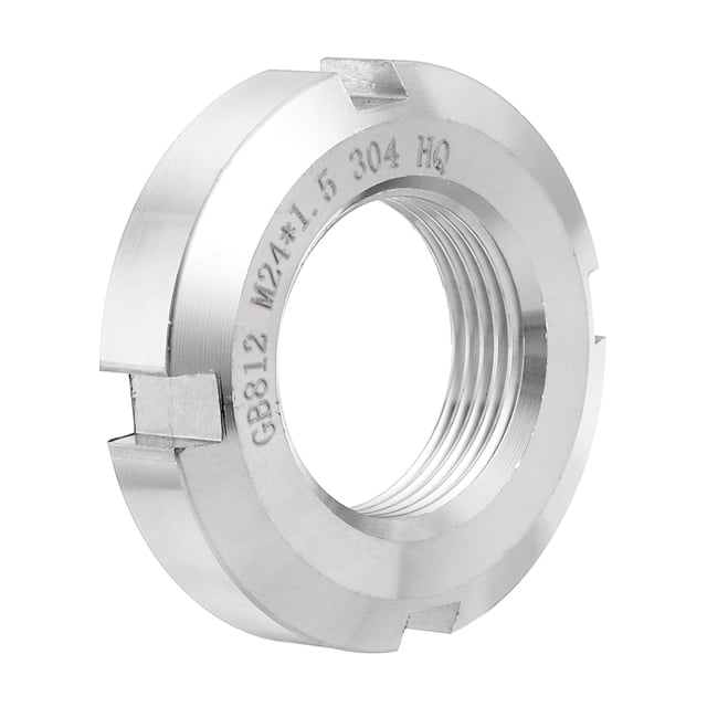 m24 x 1.5mm - 1 paquete de tuercas redondas ranuradas de cuatro ranuras - acero inoxidable 304 Tuerca redonda plateada de acero inoxidable 304, vista 3/4 que muestra las cuatro ranuras externas para herramienta, rosca interna M24 x 1.5mm visible, 42mm diámetro exterior, 10mm grosor y 65g; adecuada para ejes, rodamientos y válvulas en trabajos con ajustes frecuentes.