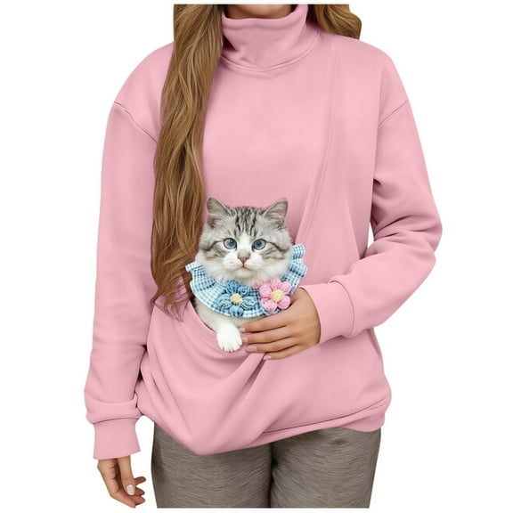 Felirenzacia Womens Turtle Neck Hoodie, High Neck Long Sleeve Hoodless Sweatshirts with Pet Pockets, Size: S-2XL