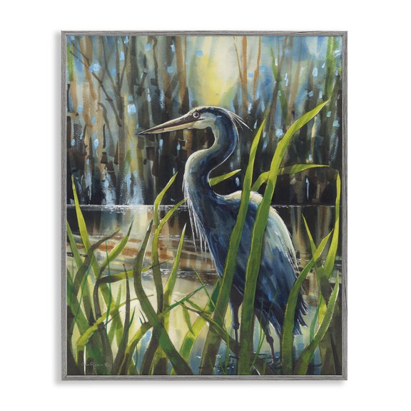 Stupell Industries Rustic Lodge Heron Between Pond Reeds Gray Framed Giclee Art, 16 x 20, by John Rossini