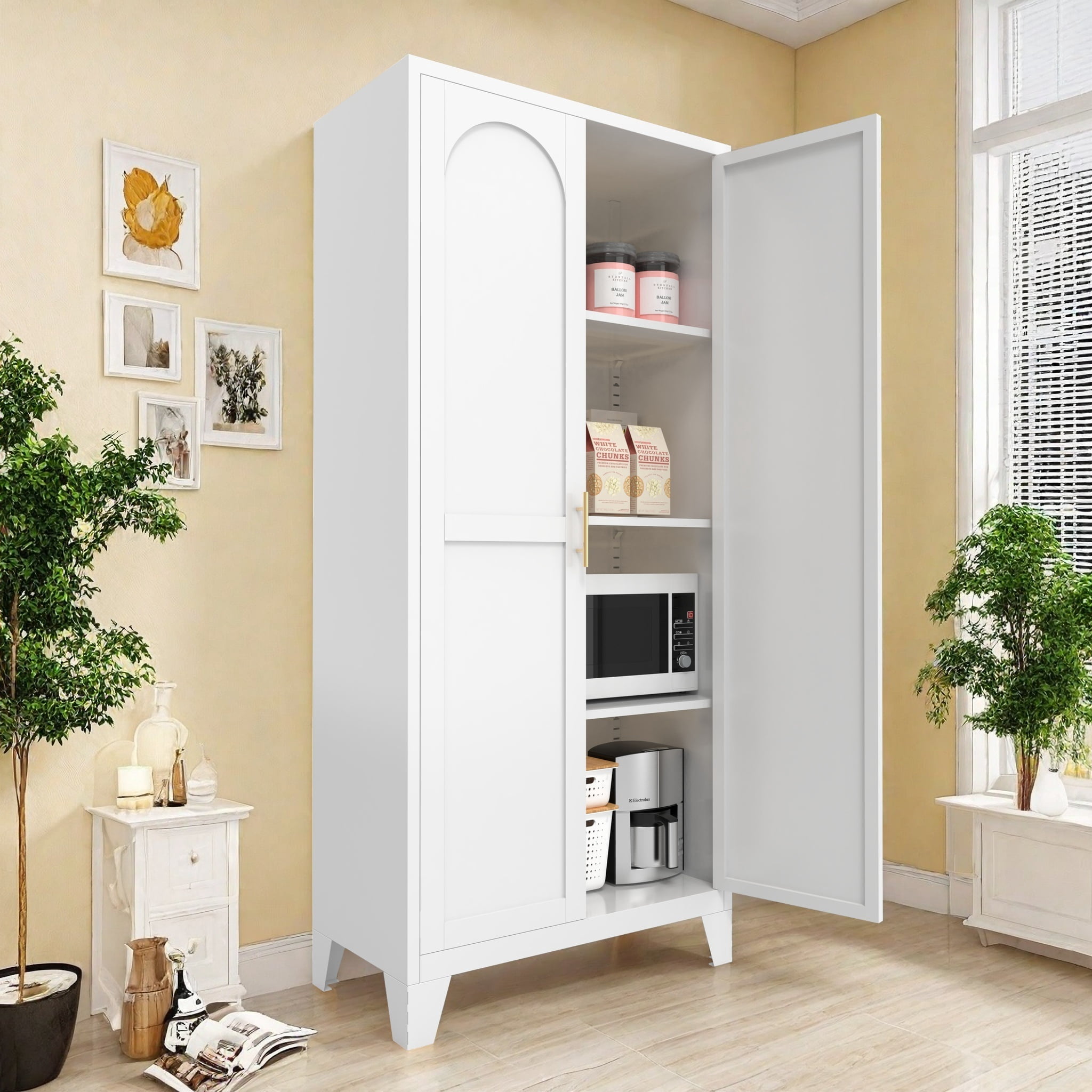 Miniyam 61"H Metal Storage Cabinet with 2 Shaped Doors & Adjustable Shelves – White, for Bedroom/Living Room