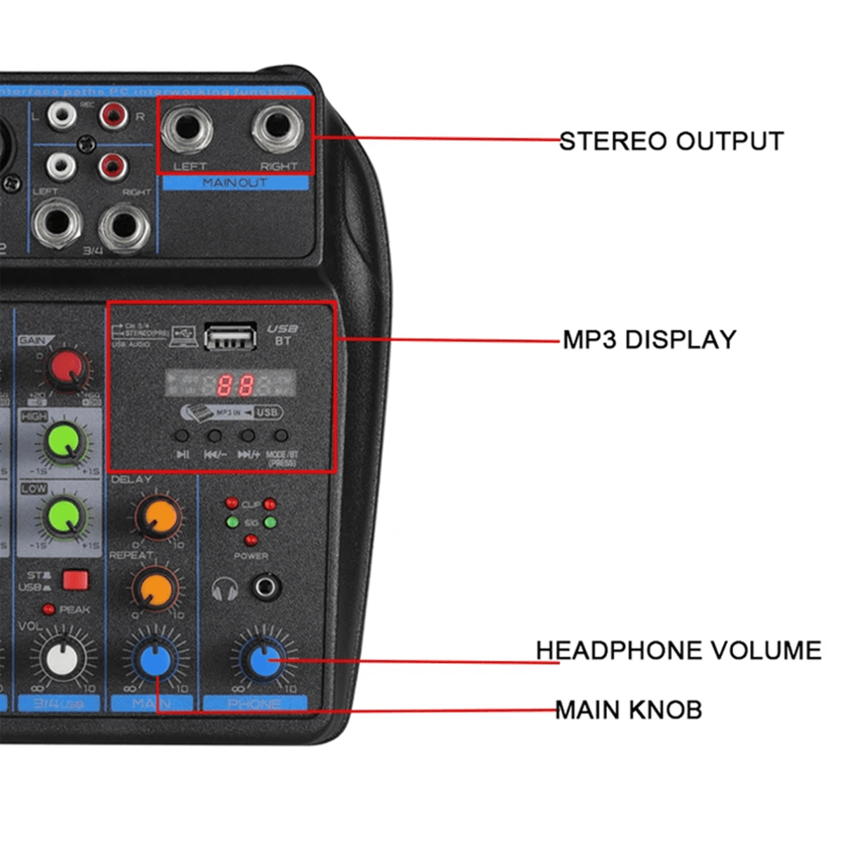 4 Channel Audio Mixer Mini Sound Mixing Console Bluetooth 48V Power Supply for Music DJ Recording Karaoke System