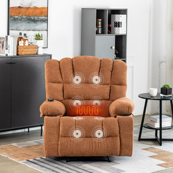 Massage Swivel Recliner Chair with Vibration Massage and Lumbar Heating for Adults, Oversized Rocker Recliner Single Sofa with Side Pocket and 2 Cup Holders for Living Room, Office, Brown