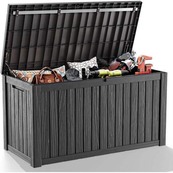 LOJIAWOWE 200 Gallon Resin Deck Box, Waterproof Lockable Outdoor Storage Container for Patio Furniture, Pool Supplies, Black