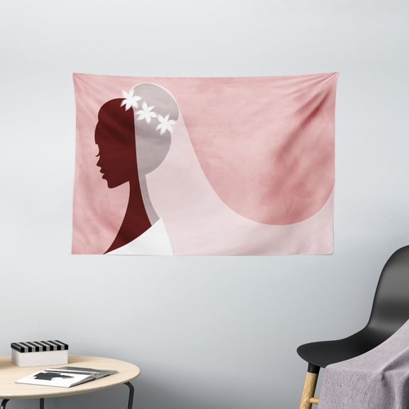 Bridal Shower Decorations Tapestry, Bride in Wedding Dress on Pink Backdrop with Veil Image, Wall Hanging for Bedroom Living Room Dorm Decor, 60W X 40L Inches, Light Pink and White, by Ambesonne