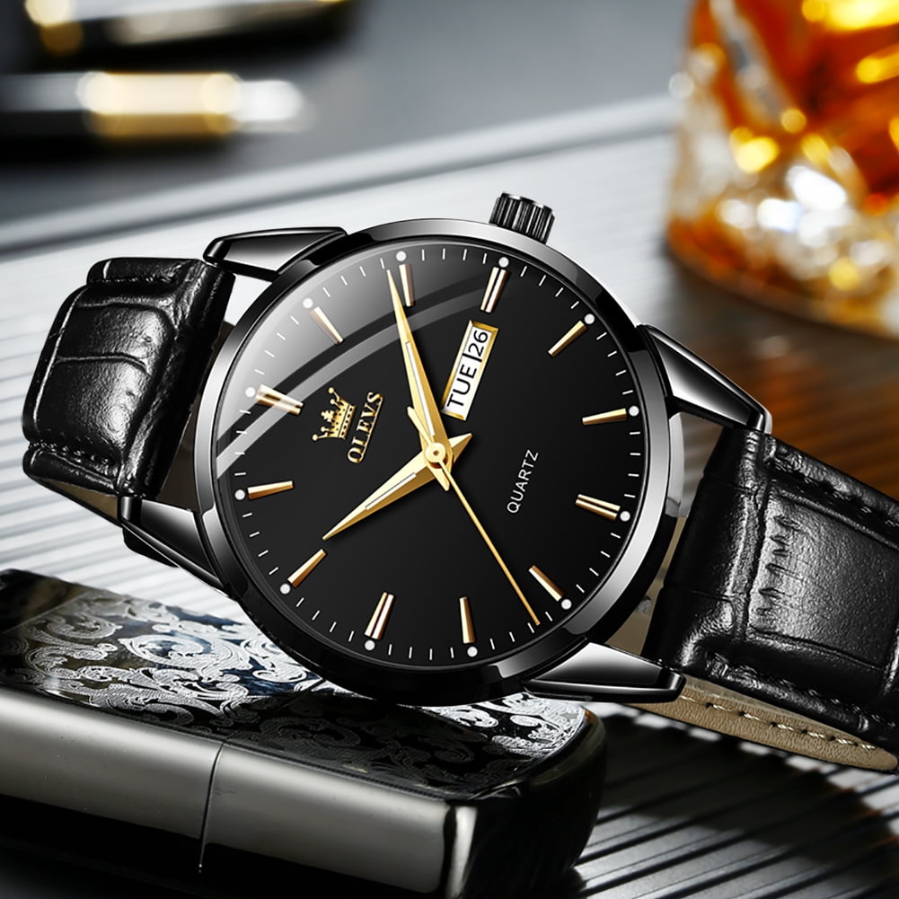 OLEVS Mens Watches,Black Leather Watch for Men,Black Analog Quartz Fashion Business Dress Watch Luminous Waterproof Casual Male Wrist Watches Reloj para Hombre