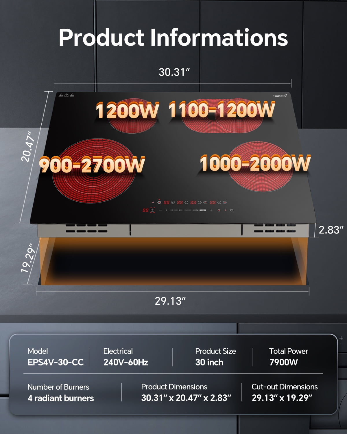 Electric Cooktop with 4 Burners, 30 inch 7900W 240V Ceramic Panel Electric Cooktop, Multiple Safety Protections Stove, Touch Screen