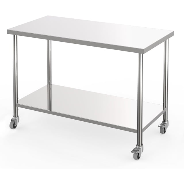 48 In x24 In 2-Tier Rolling Stainless Steel Commercial Prep Table with Adjustable Undershelf and Locking Casters - Heavy Duty Kitchen Restaurant Garage Table