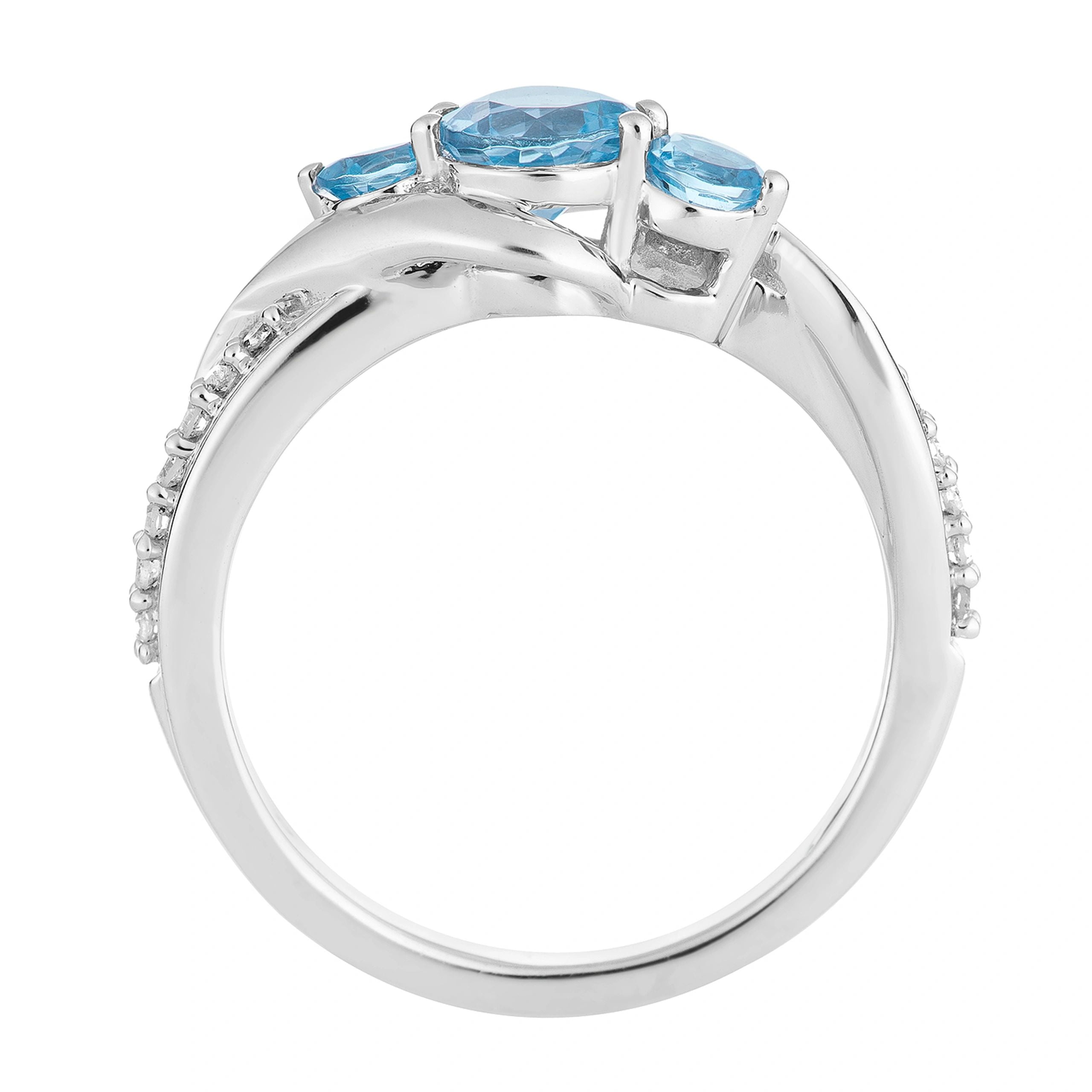10k White Gold Swiss Blue Topaz & 1/10 Carat T.W. Diamond 3-Stone Ring