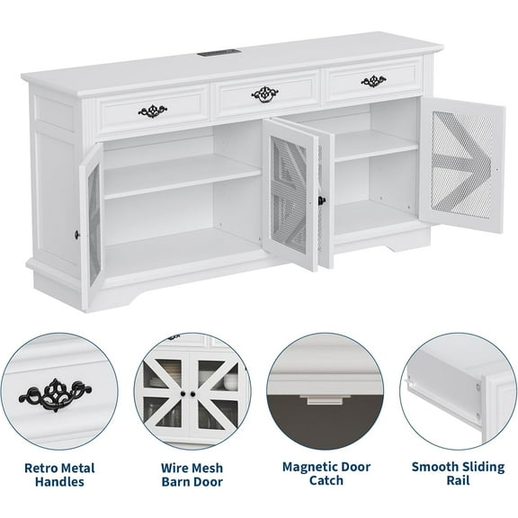 Historyli 63Inch Sideboard Buffet Cabinet with Storage,Farmhouse Coffee Bar,Wood Kitchen Storage Cabinet with Charging Station,3 Drawers,4 Doors & Adjustable Shelves,White