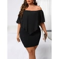thumbnail image 3 of Black Plus Size Off-Shoulder Fitted Mini Dress With Sheer Flounce Overlay, 3 of 7