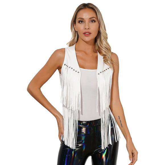 Moggemol Womens Cowboy Cowgirl Western Suede Leather Tassel Sleeveless Vest Jacket Gothic Waistcoat Coat White L