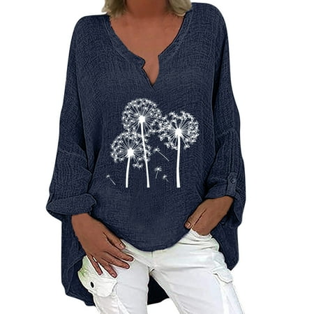 

Women s Cotton Linen Pullover Long Sleeve Dandelion Print Loose Tops Casual High Low Tunic Tee Blouse Fashion Long Sleeve Comfy Tunic Blouse Top for Ladies