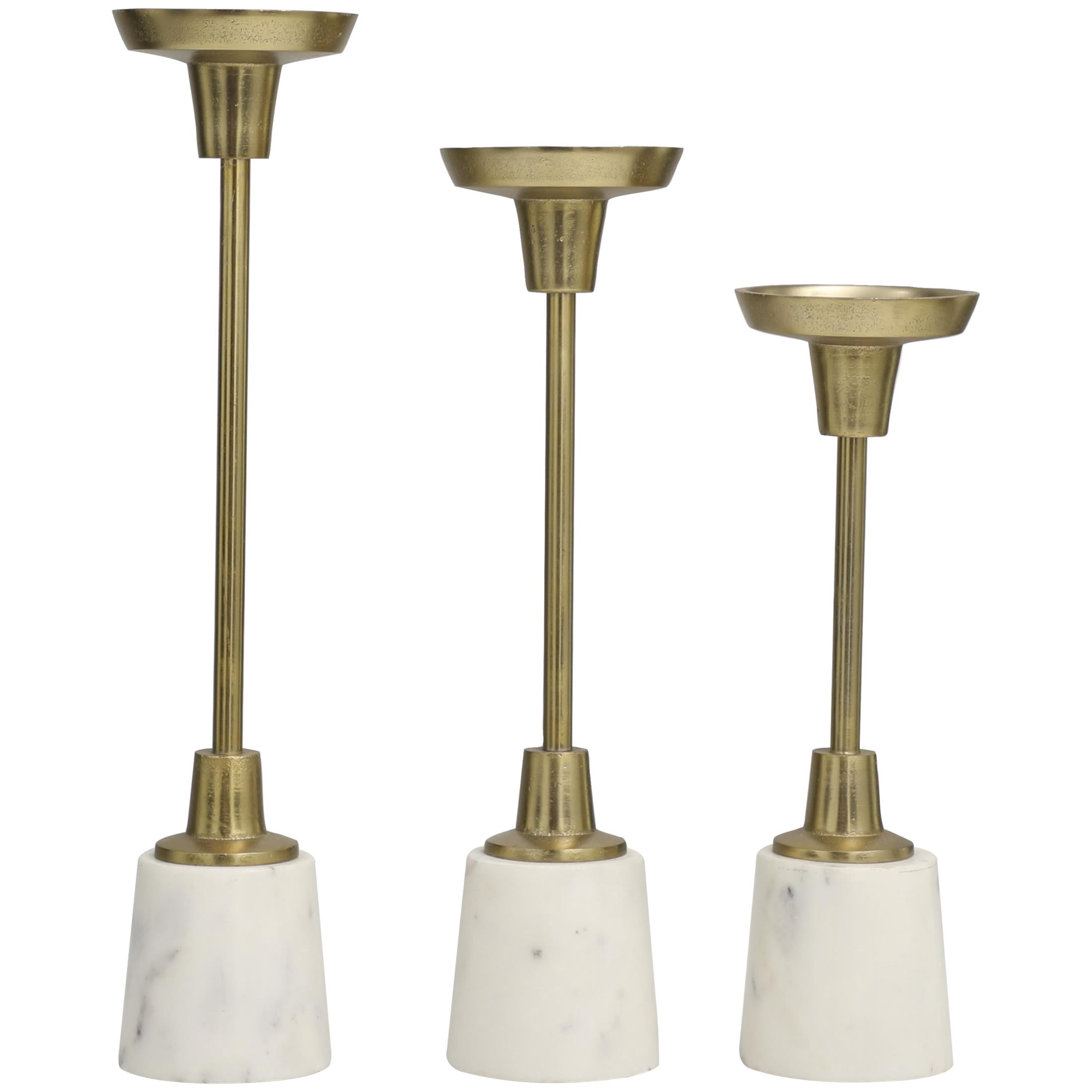 DecMode 3 Candle Gold Aluminum Metal Slim Candle Holder with White Marble Base, Set of 3