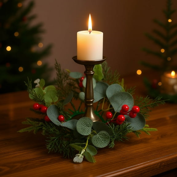 Christmas Candlestick Wreath with Golden Berries Pines Cones Pines Branches and Greeneries Suitable for Candle Centerpieces B,Free Size