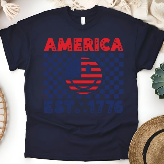 America EST 1776 Smiley Face Shirt – USA Flag Checkerboard Patriotic Tee, Navy, Size S