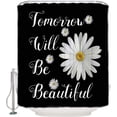 thumbnail image 1 of Flower Shower Curtain for Bathroom with Hooks 72x72 Inches Polyester Fabric Shower Curtain Sets Washable Bath Curtains Decor White Daisy with Words on Black Background, 1 of 6