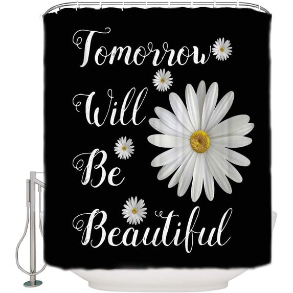 Flower Shower Curtain for Bathroom with Hooks 72x72 Inches Polyester Fabric Shower Curtain Sets Washable Bath Curtains Decor White Daisy with Words on Black Background