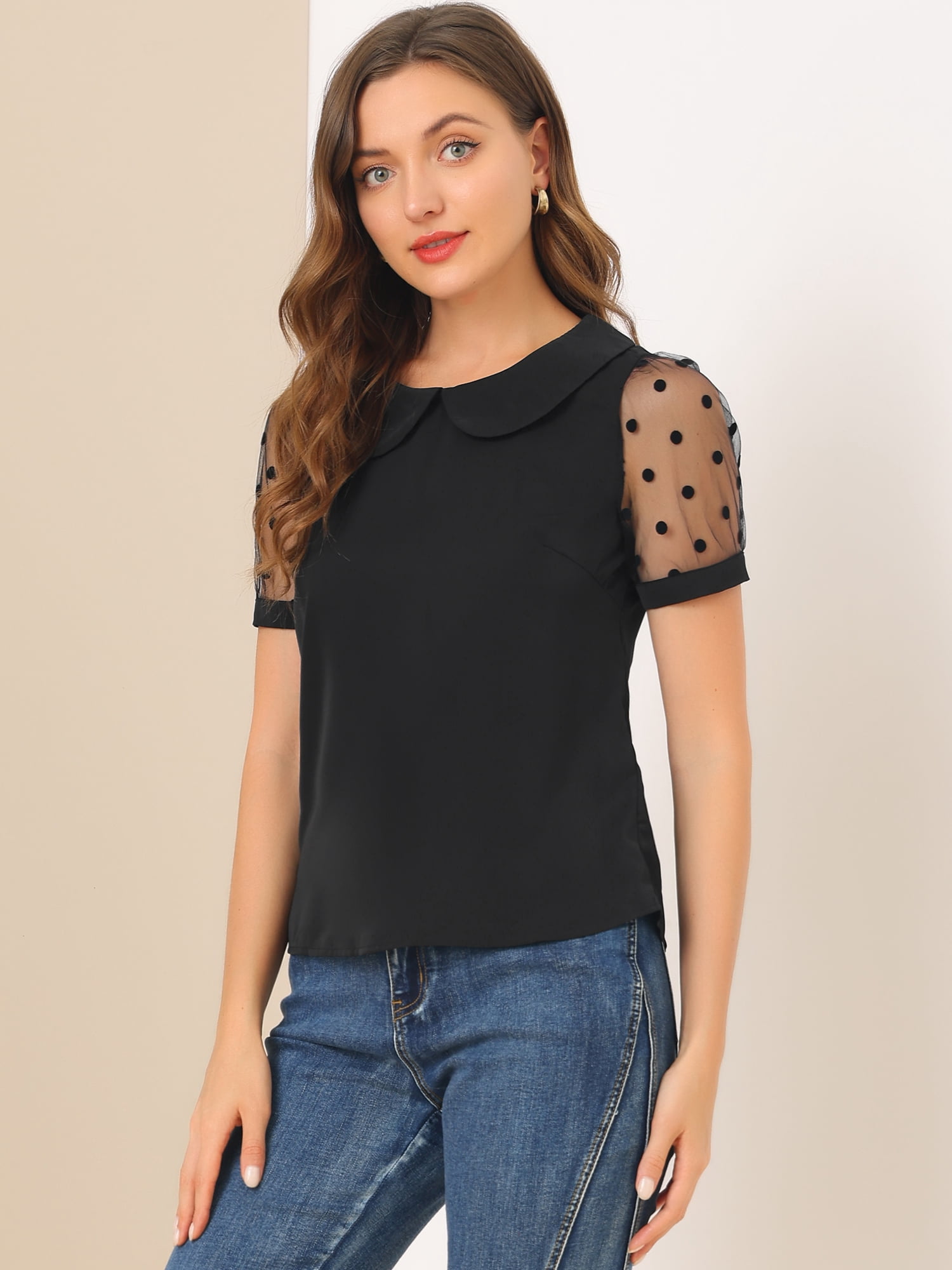 DARING DIVA Women's Polka Dots Mesh Peter Pan Collar Blouse L Black