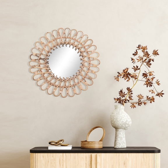 Rural Handwoven Rattan Mirror, Decorative Wall-mounted Mirror, Round Rattan Wall Hanging Mirror