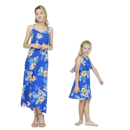

Matching Hawaiian Luau Mother Daughter Sweetheart and Ruffle Dress in Hibiscus Blue
