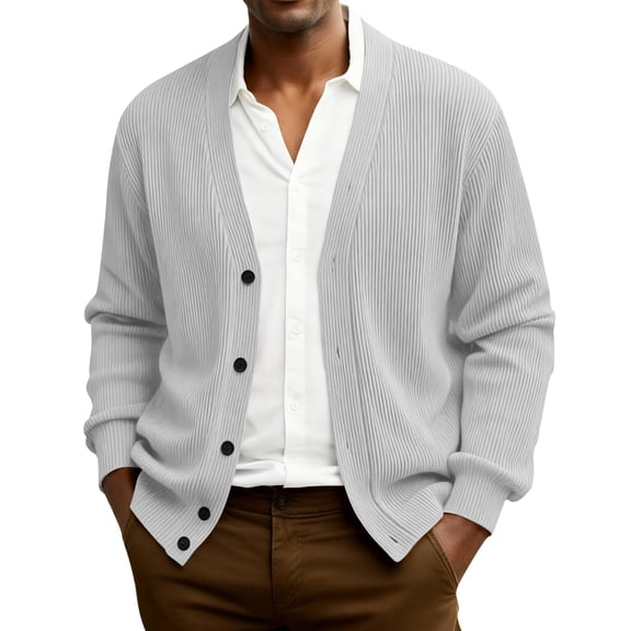 Dwellite Mens Cardigan Sweater Casual Button Up Plus Size Cardigan Spring Long Sleeve Knitted Ribbed Knit Solid Sweater Light Gray XL