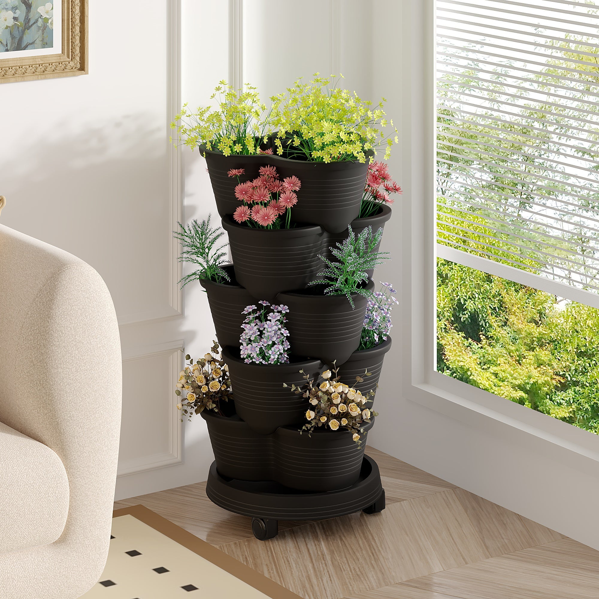 VECELO Stackable Planters 5 Tier Vertical Gardening Planter, Stackable Garden Tower Indoor Outdoor Pot For Strawberries, Flowers, Herbs, Vegetables With Removable Wheels, Black