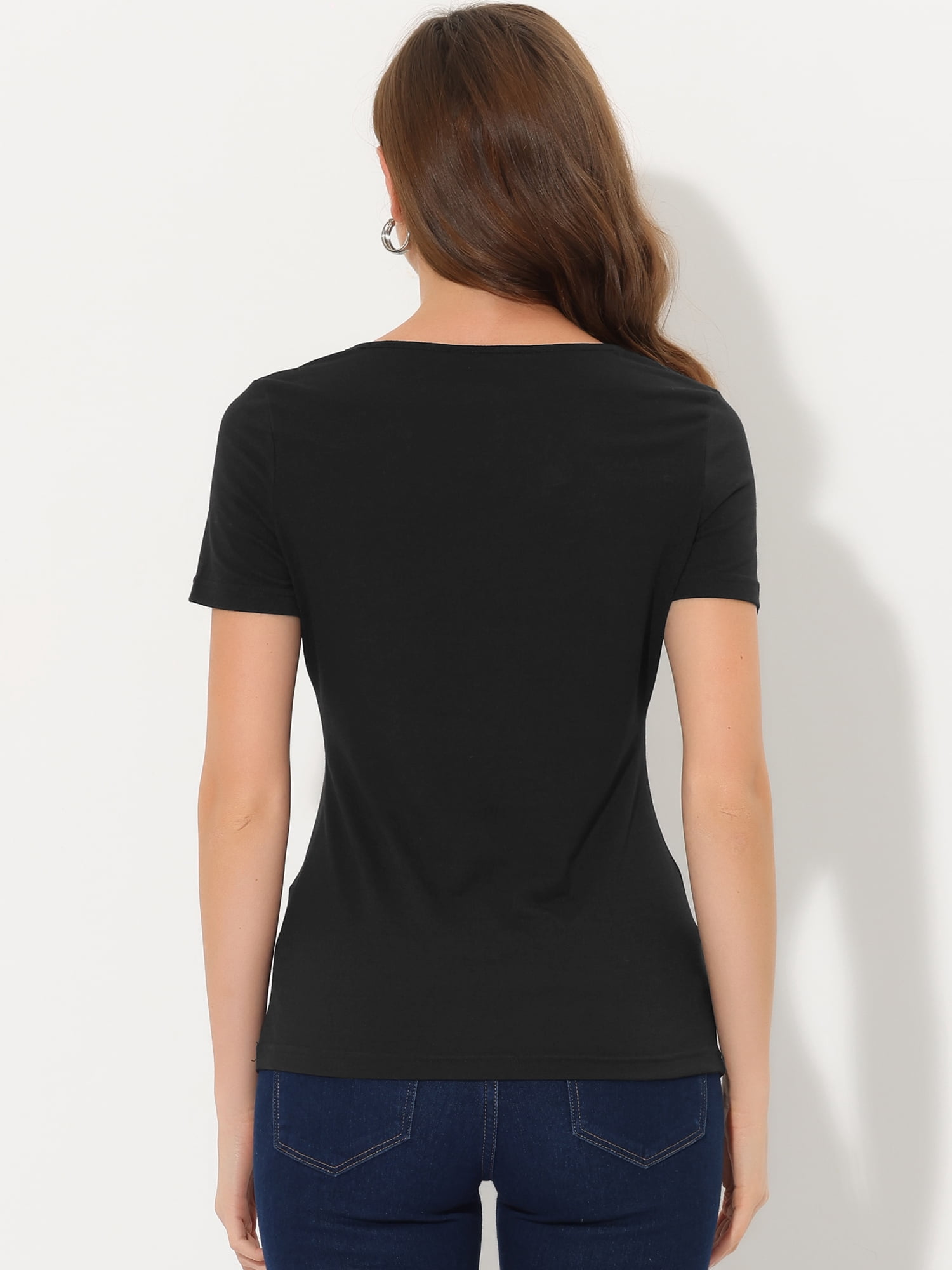 DARING DIVA Women's Cowl Neck Ruched Short Sleeve Tops with Button Decor S Black