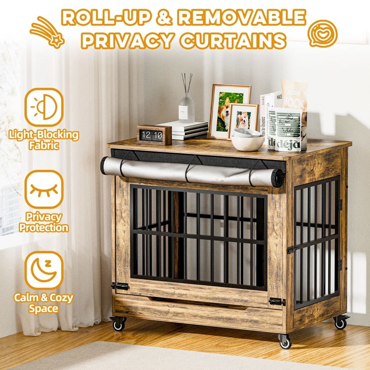 32" Dog Crate Furniture, Wooden Dog Kennel with Double Doors & Wheels, Indoor Dog Cage End Table for Small & Medium Dogs, Furniture Style Pet Crate, Rustic Brown
