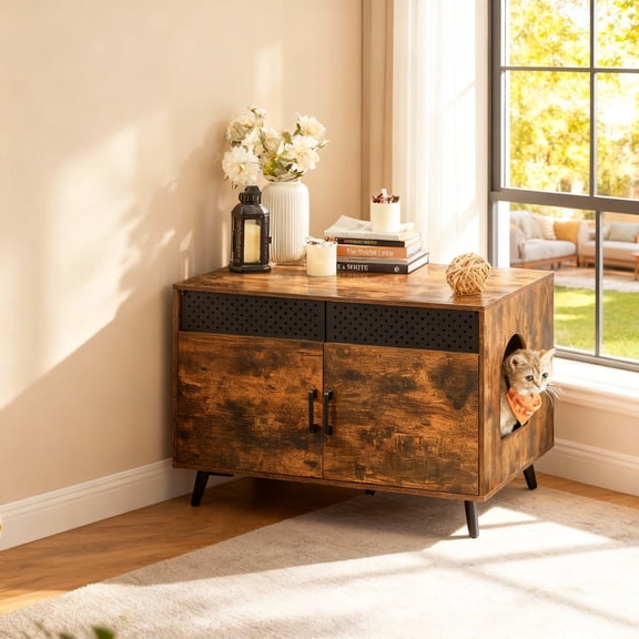 LEDREM Cat Litter Box Enclosure Furniture with Removable Divider, High Legs, Hidden Cat House and Side End Table, Rustic Brown