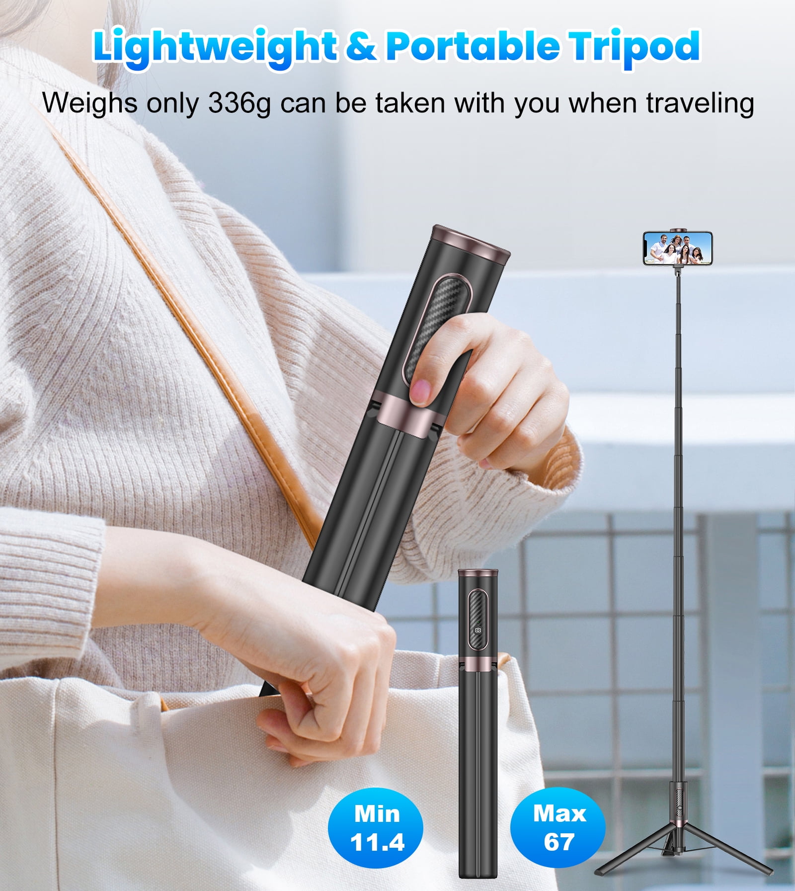 TONEOF 67" Phone Selfie Stick Tripod Stand All-in-1Portable with Integrated Wireless Remote for iPhone/Android(Black)