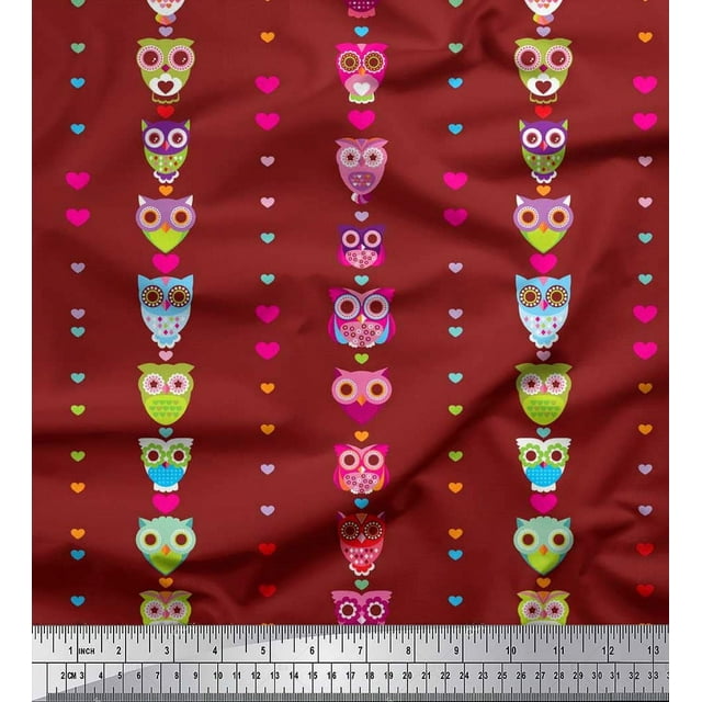 Soimoi Poly Georgette Fabric Heart & Owl Kids Printed Fabric 1 Yard 42 Inch Wide