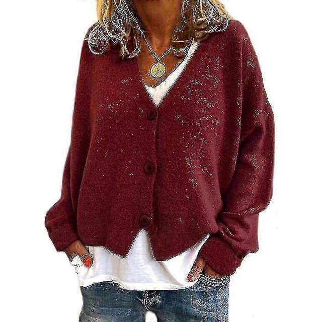 Womens Sweater Knitted Casual V-neck Solid Color Cardigan Sweater
