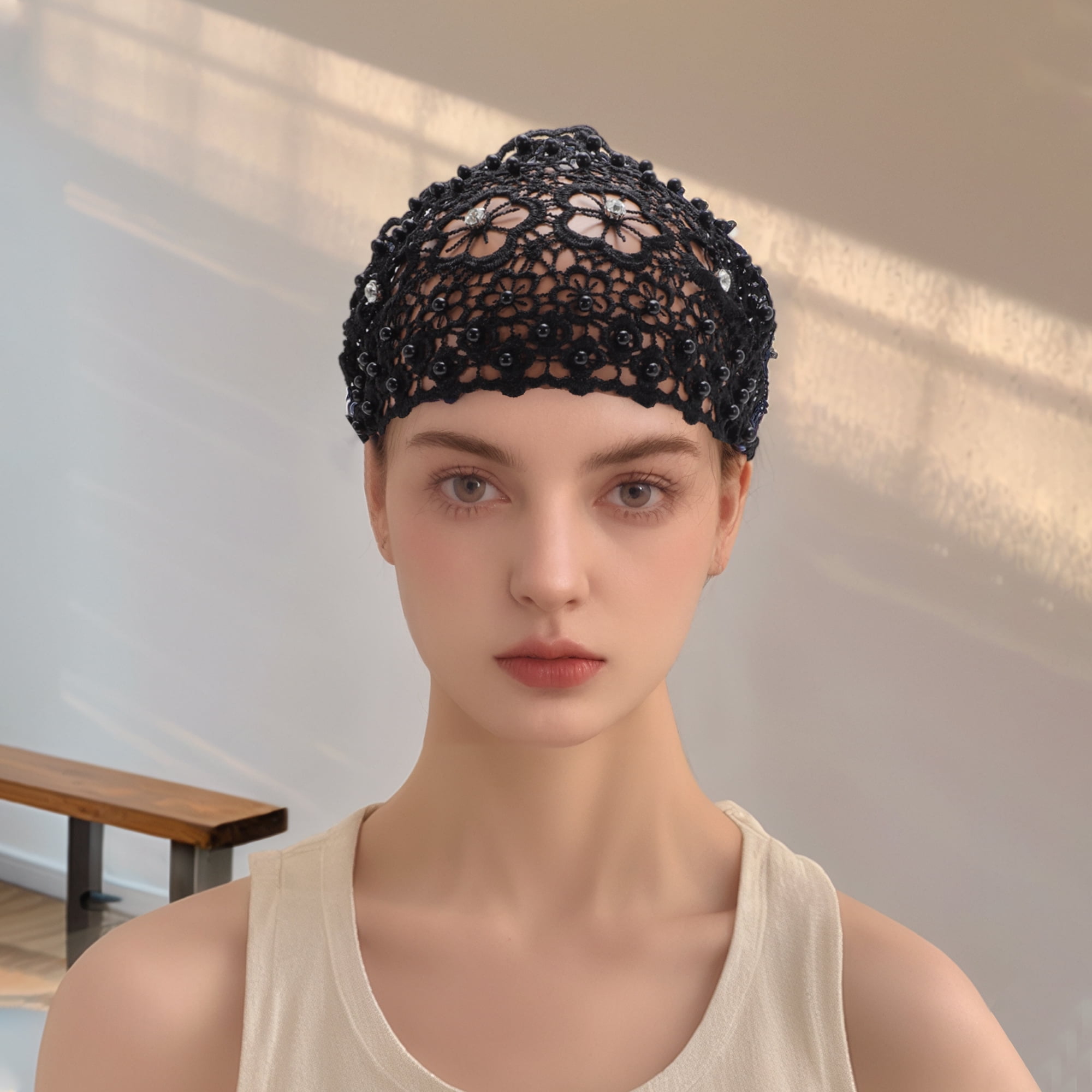 Unique Bargains 1pc Stylish and Comfortable Bead Hollow Wide Headwrap Black