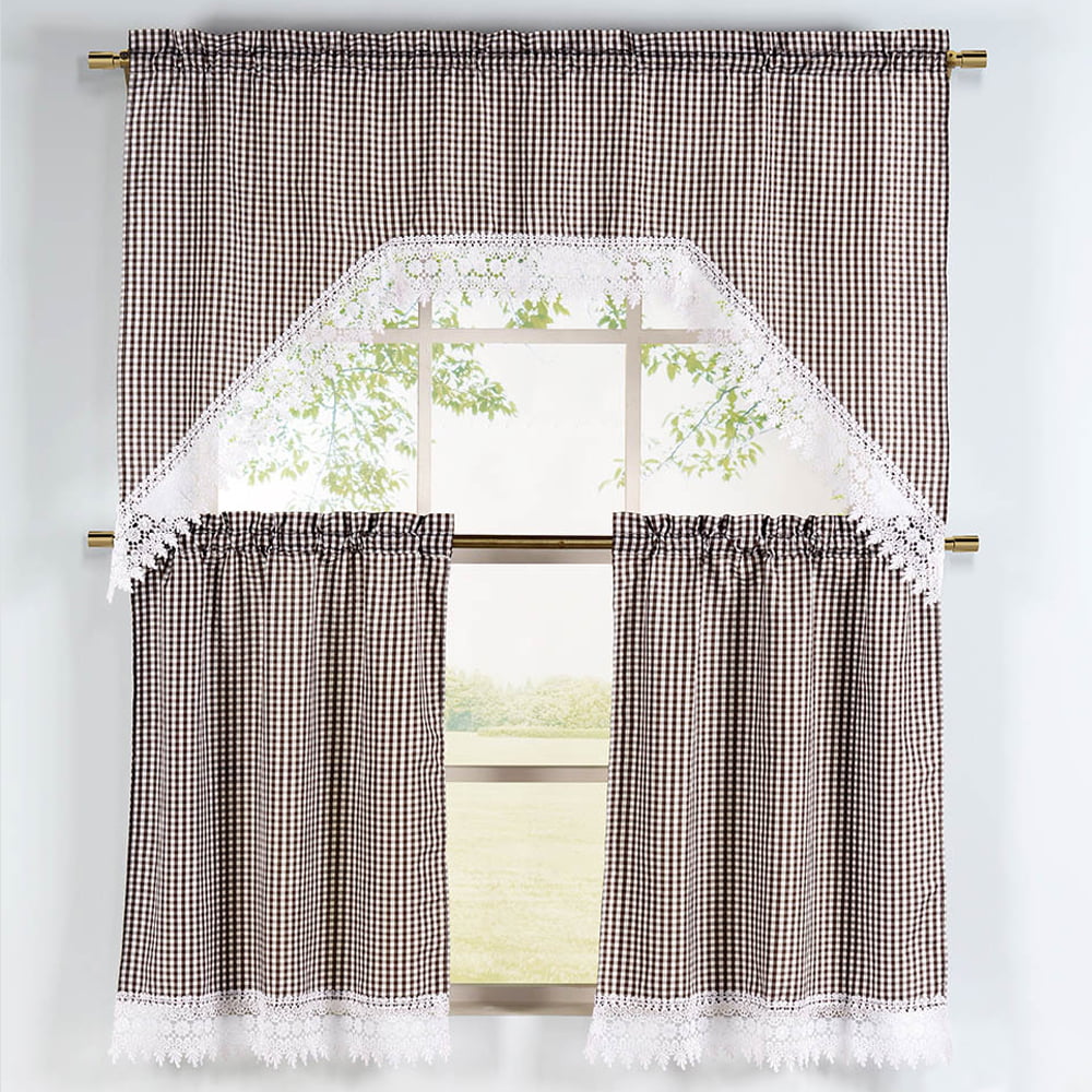 3 Piece Embroidered Chocolate Check Kitchen Curtain 36
