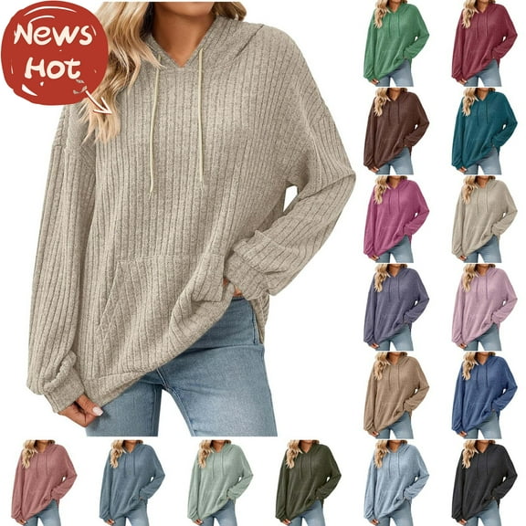 Sweatshirts for Women, Women Casual Loose Solid Color Hooded Pocket Drawstring Long Sleeves Tops, Gray S