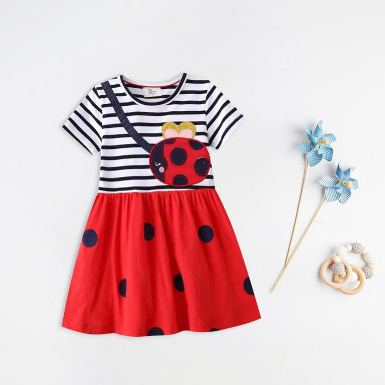 Woyy Toddler Girls Short Sleeve Casual Dress Summer Cotton Knit Cute Dress, Sizes 4-5