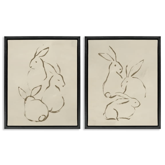 Stupell Industries Earthtone Sitting Rabbits Sketch Animals Drawing Black Floater Framed Canvas Art Print Wall Art, 17 x 21, Set of 2