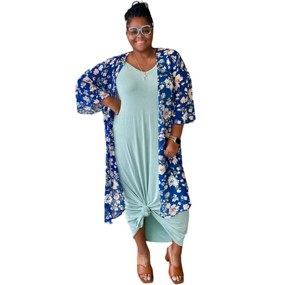 Womens Plus Size Blue Open Front Floral Kimono